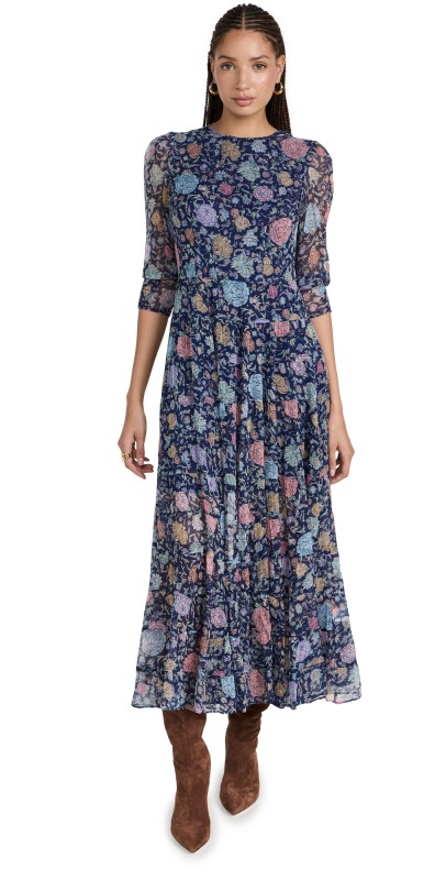 RIXO Kristen Dress Camellia Garden Navy