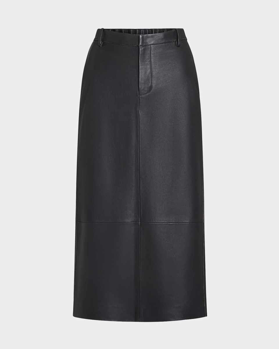Mid-Rise Flared Leather Midi Skirt