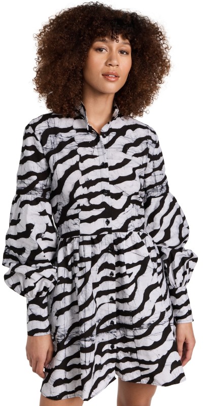 Studio 189 Hand-Batik Cotton Blouson Sleeve Mini Dress Black & White