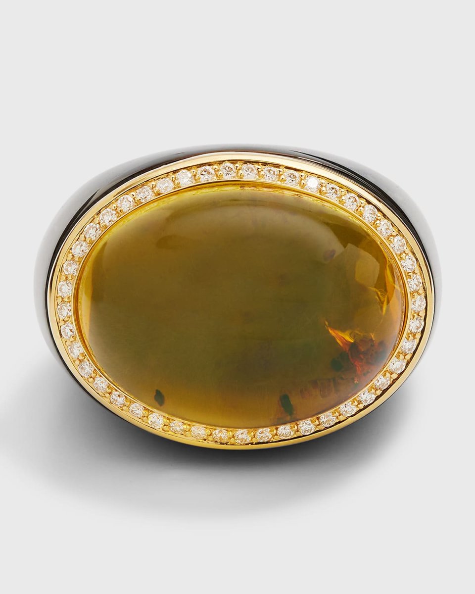18K Yellow Gold Moon Ring with Smokey Quartz Shank and Amber Cabochon
