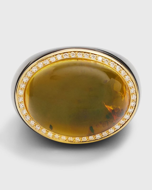 18K Yellow Gold Moon Ring with Smokey Quartz Shank and Amber Cabochon