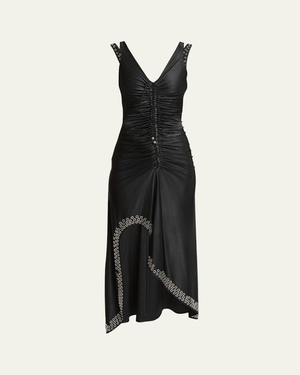 Grommet-Embellished Sleeveless Ruched Midi Dress