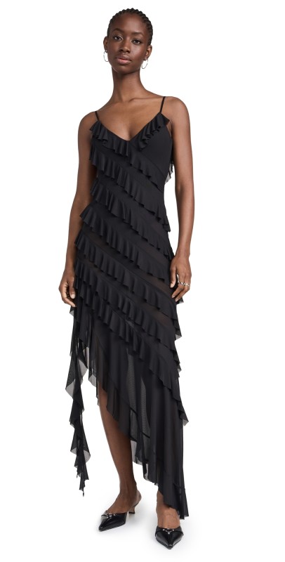 AFRM Vienna Ruffle Maxi Dress with Built In Bodysuit Noir