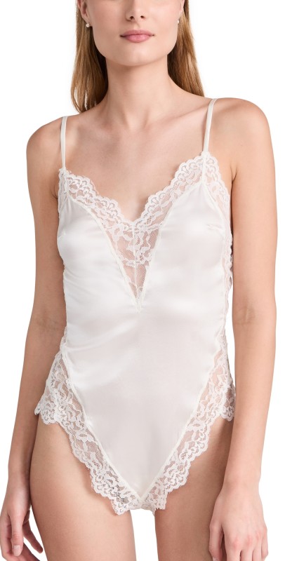 Fleur du Mal Venus Lace Trim Silk Thong Teddy Ivory