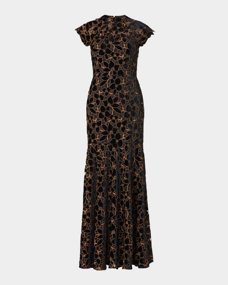 Velvet Floral-Lace Cap-Sleeve Gown