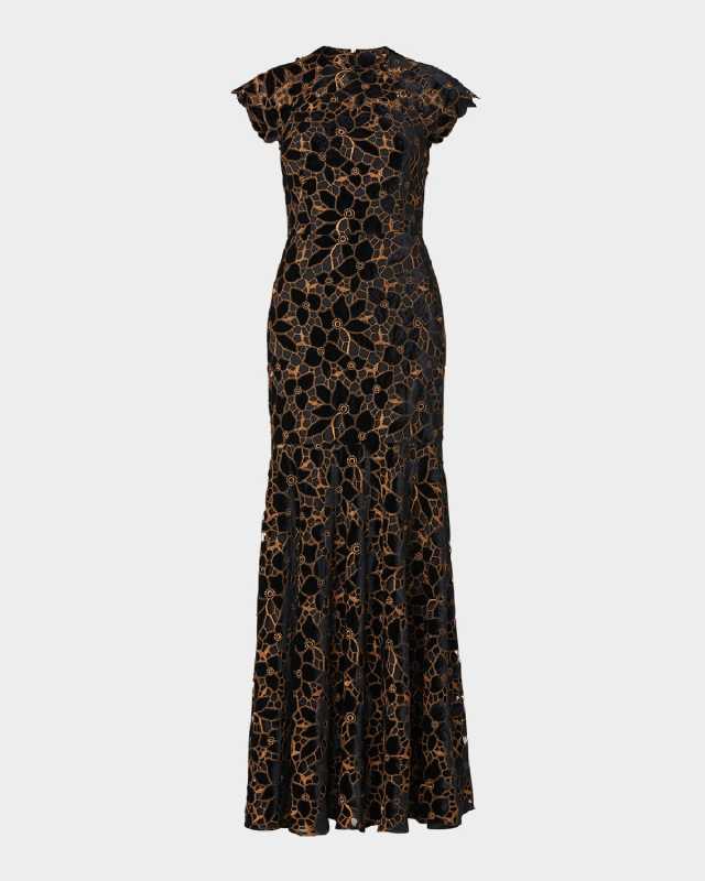 Velvet Floral-Lace Cap-Sleeve Gown