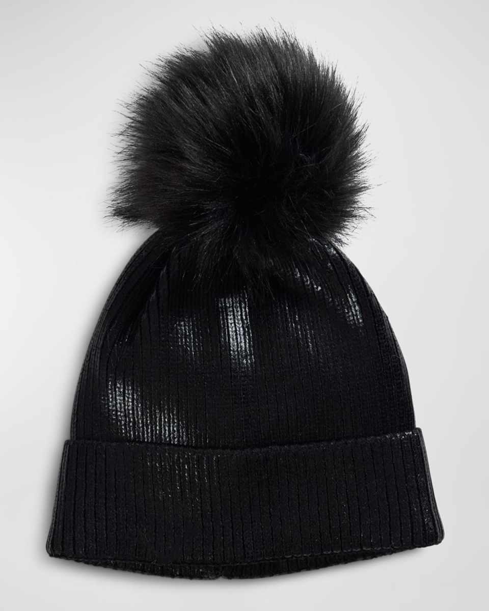 Metallic Ribbed Beanie with Faux Fur Pom