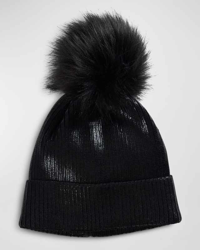 Metallic Ribbed Beanie with Faux Fur Pom