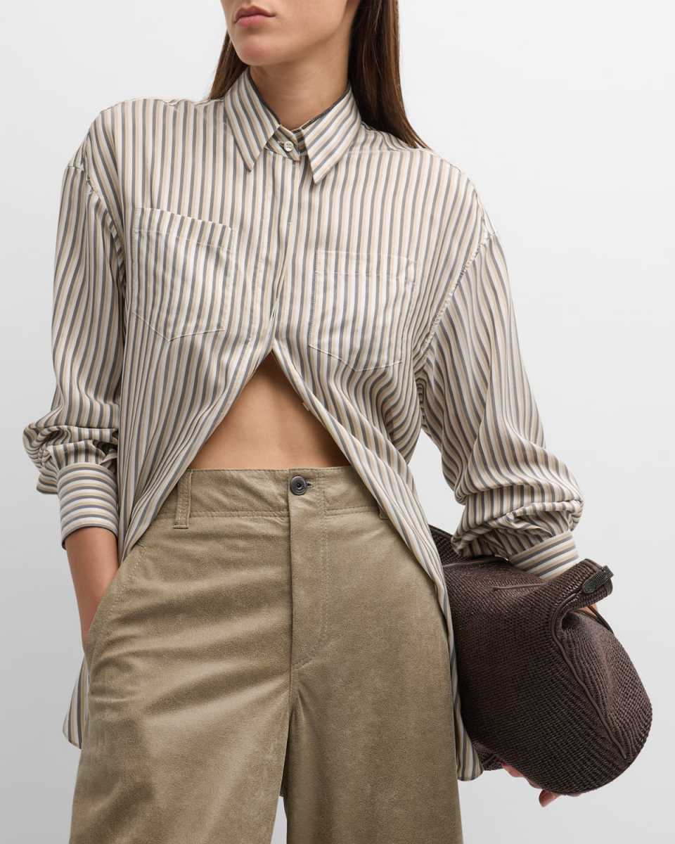 Monili-Trim Striped Silk Collared Blouse