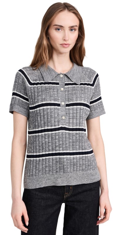 THE GREAT. The Classic Polo Sweater Heather Grey Stripe
