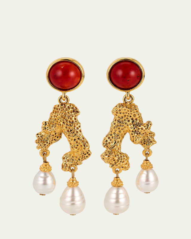 Coral Post Earrings with Pearly Drops
