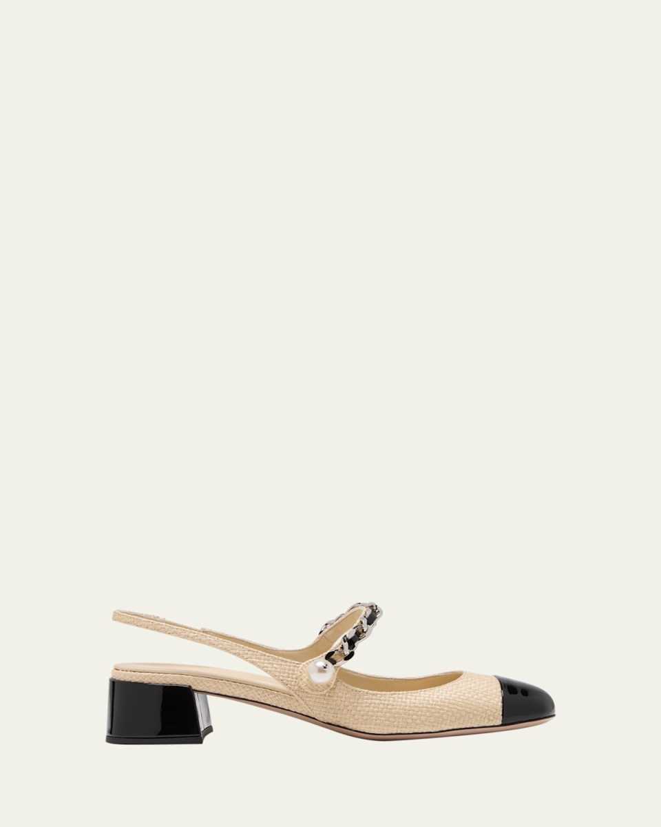 Bicolor Raffia Mary Jane Slingback Pumps