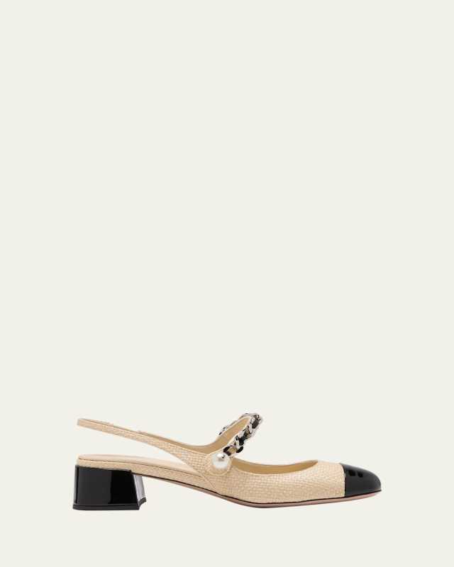 Bicolor Raffia Mary Jane Slingback Pumps