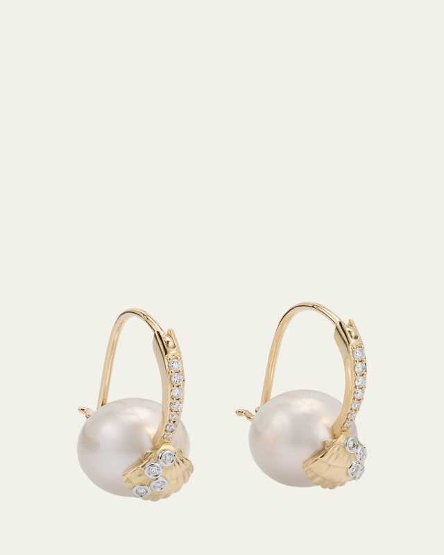 14K Gold Clamshell and 10mm Freshwater Pearl Diamond Earrings