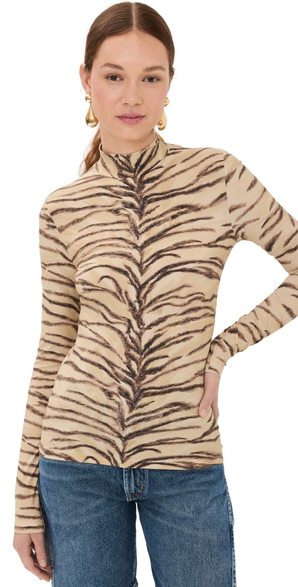 Stella McCartney Tiger Fluid Jersey Turtleneck Natural