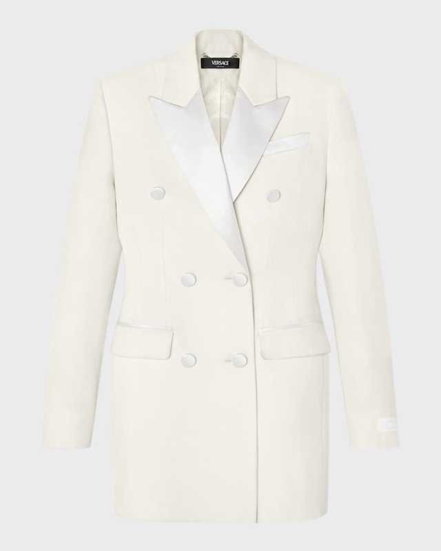 Satin-Contrast Double-Breasted Grain De Poudre Evening Jacket