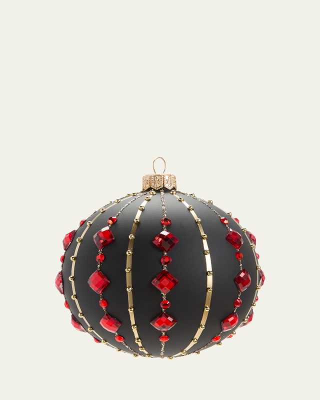 Matte Black Striped Gold and Red Stone Christmas Ornament