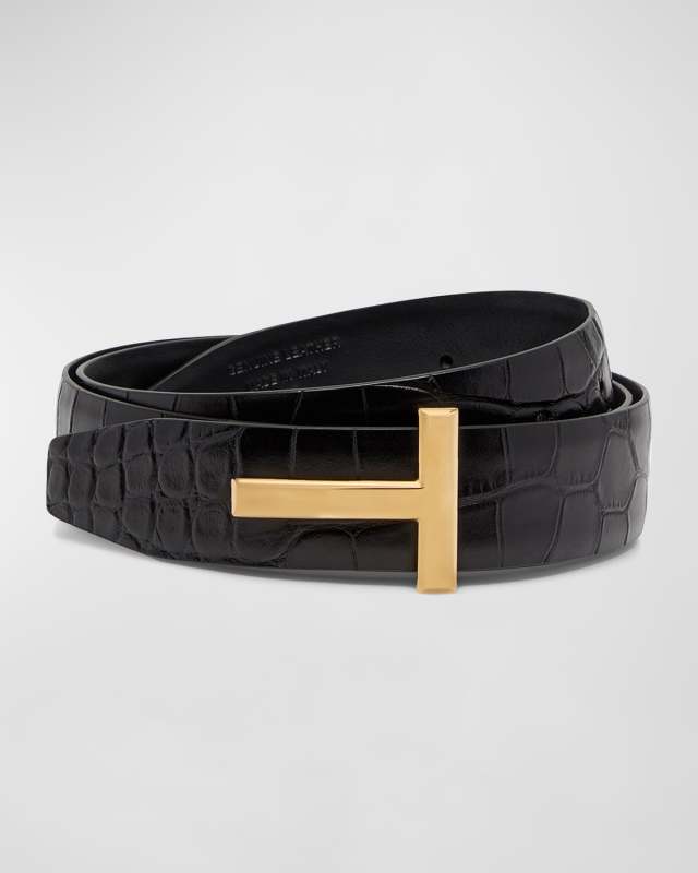 T Buckle Croc-Embossed Patent Belt
