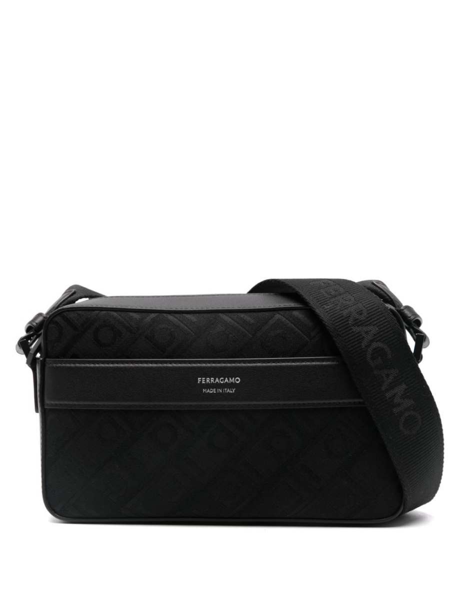 Gancini-jacquard leather messenger bag