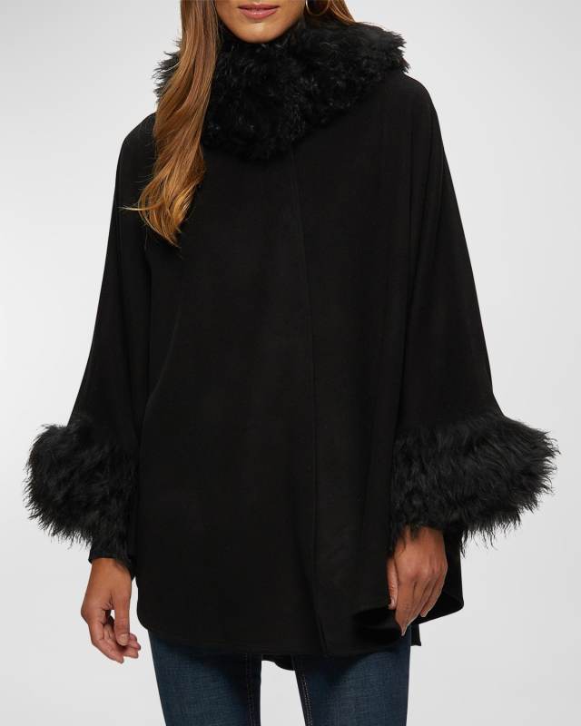Wool and Cashmere Cape with Lamb Shearling Trim