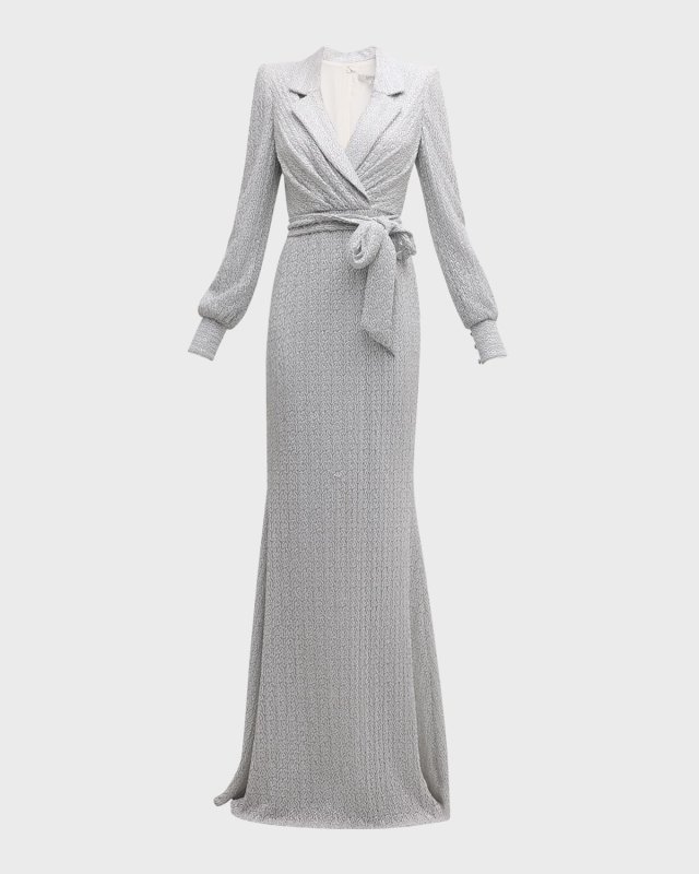 Tie-Waist Sequin Column Gown