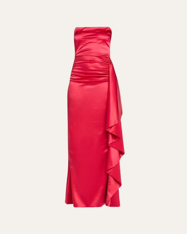 Kazmer Ruched Side-Ruffle Satin Gown
