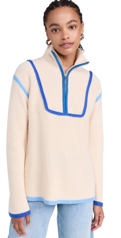 English Factory Contrast Piping Quarter-Zip Sweater Blue Multi
