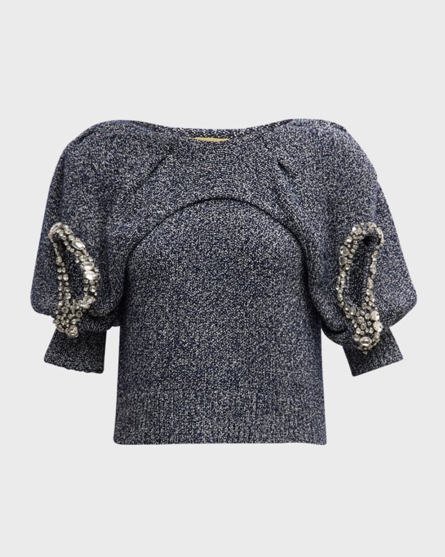Ara Crystal Puff-Sleeve Wool-Cotton Sweater