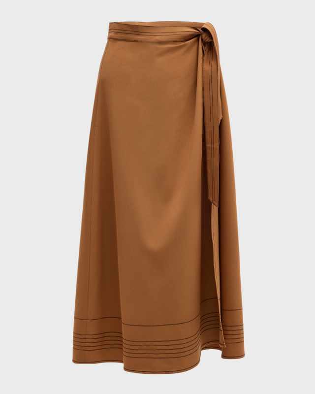 Topstitched Woven Twill Midi Wrap Skirt