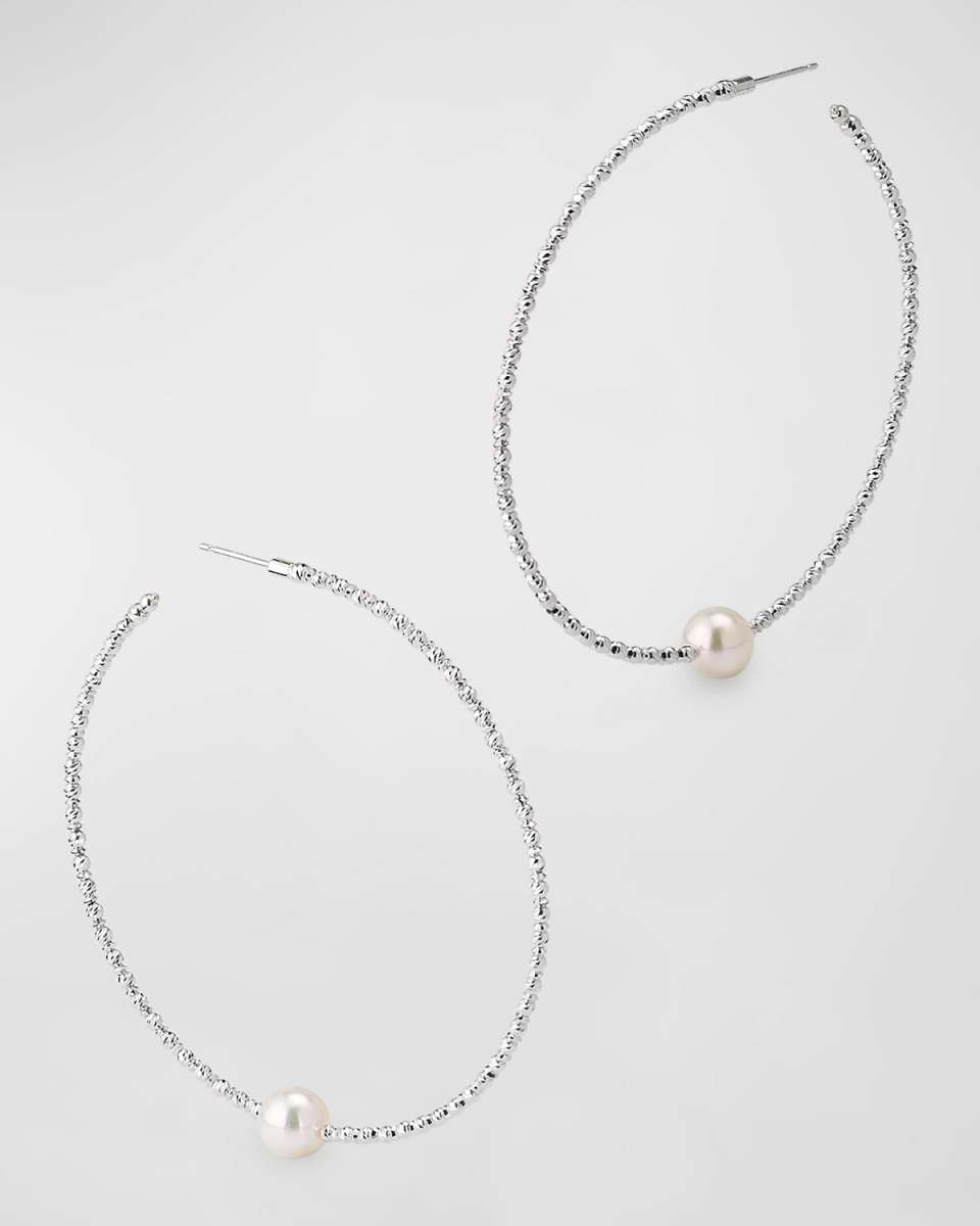 18K White Gold Large Akoya Pearl Hoop Earrings