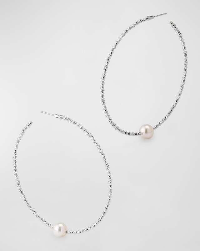 18K White Gold Large Akoya Pearl Hoop Earrings