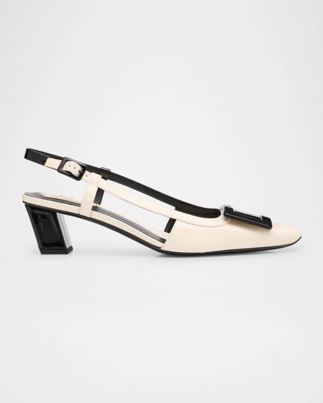 Bicolor Leather Buckle Slingback Pumps