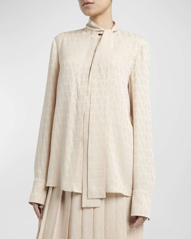 Tonal V-Logo Print Scarf-Neck Silk Blouse