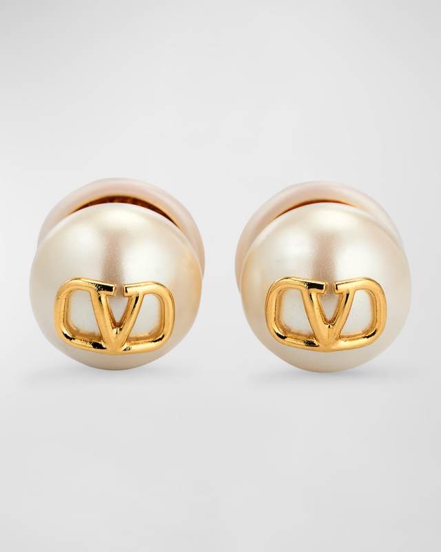 V Logo Pearl Stud Earrings