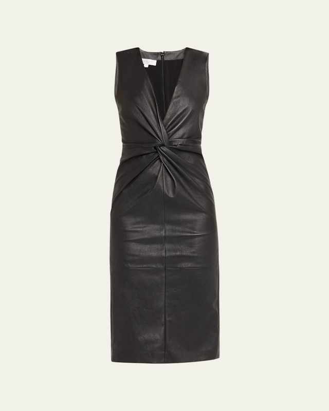 Twisted Front Sheath Leather Midi Dress