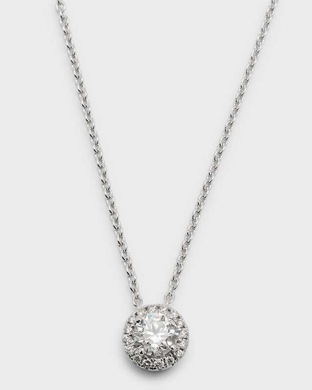 18K White Gold Round Diamond Halo Pendant Necklace, 18"L, 0.6tcw, 0.3" Pendant