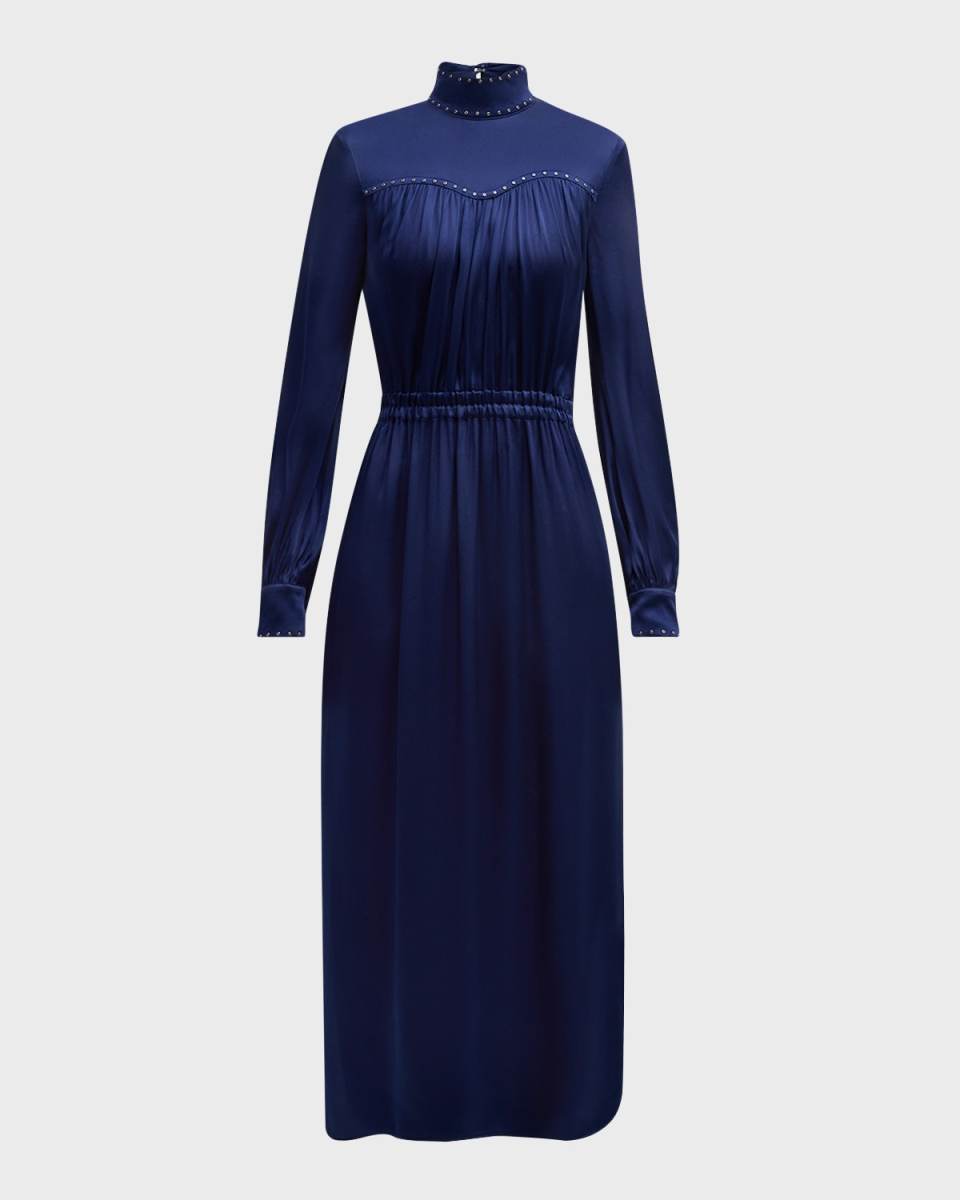 Hot-Fix Embellished Gathered Satin Long-Sleeve Midi Dress