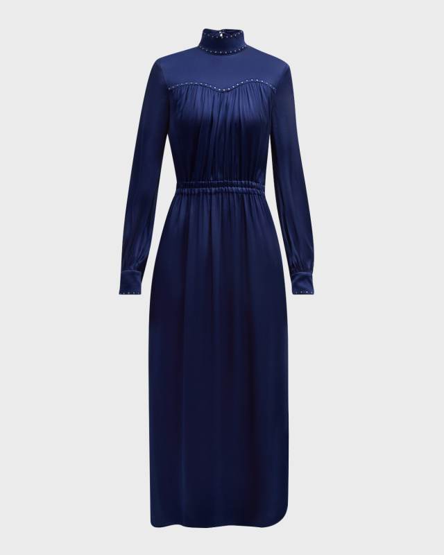 Hot-Fix Embellished Gathered Satin Long-Sleeve Midi Dress