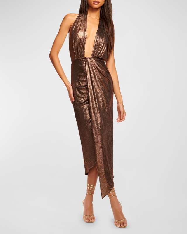 Mayberry Backless Plunging Shimmer Midi Dress