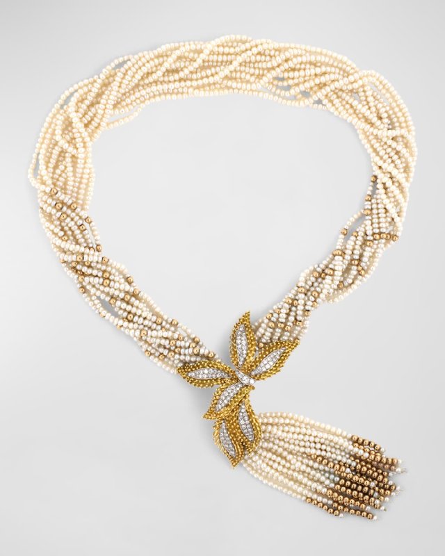 Estate 18K Yellow Gold 12 Strand Pearl and Diamond Necklace