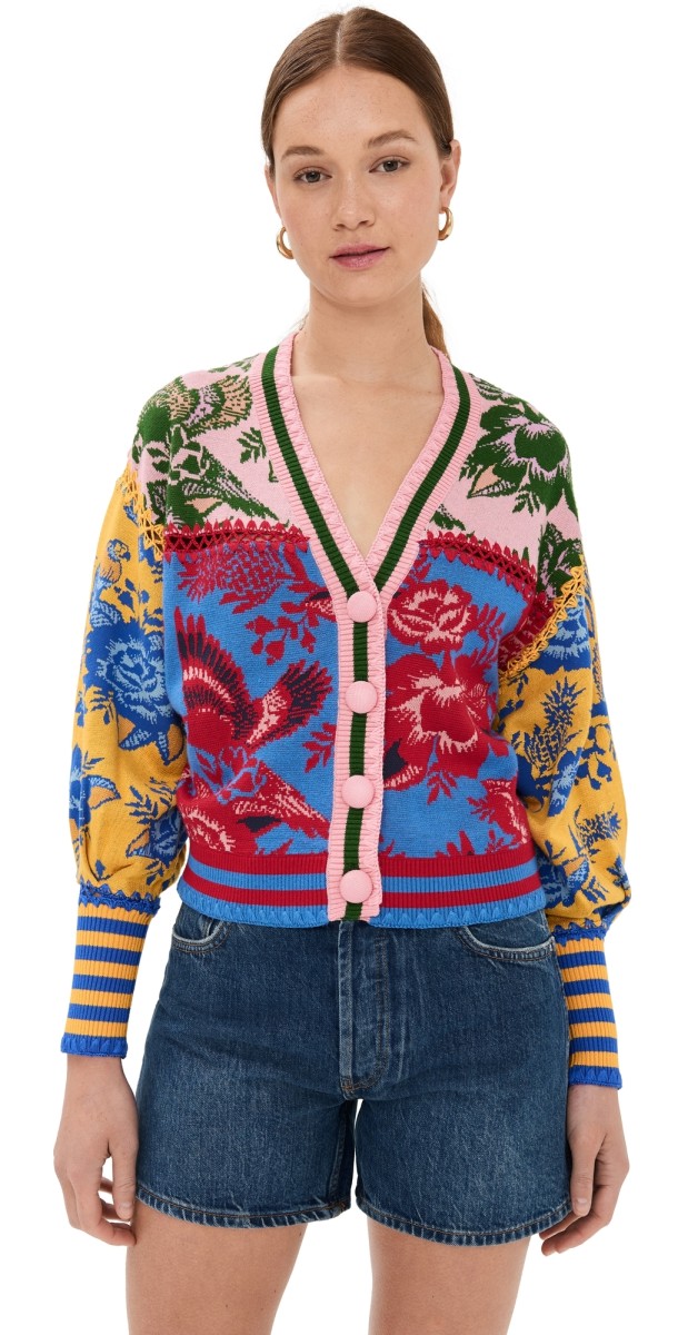 FARM Rio Floral De Renda Patch Knit Cardigan Multi