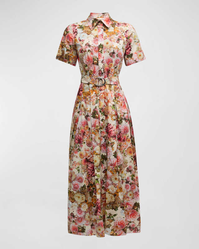 Leighton Floral-Print Short-Sleeve Belted Midi Shirtdress
