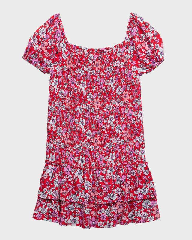 Girl's Smocked Floral-Print Dress, Size S-XL
