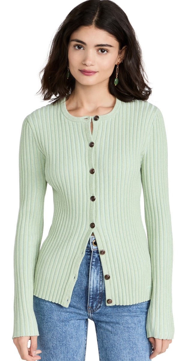 Tory Burch Metallic Stripe Cardigan Clear Mint