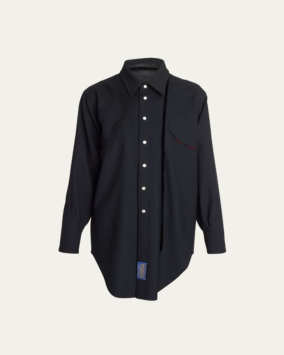 Bow-Neck Button Up Wool Blouse