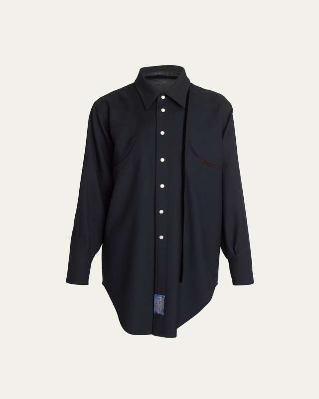 Bow-Neck Button Up Wool Blouse