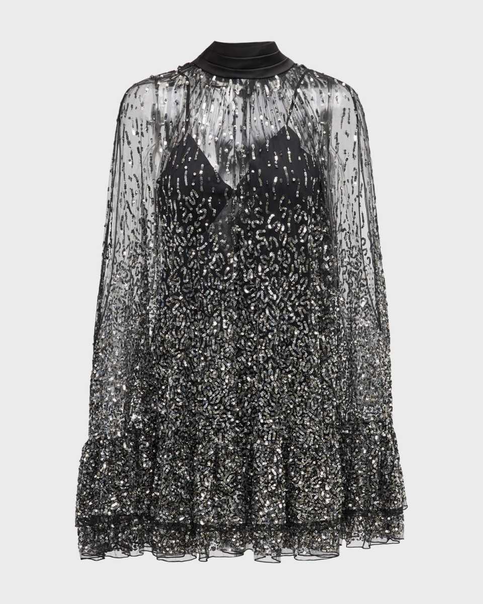 Zenon Embellished Tie-Neck Cape Mini Dress