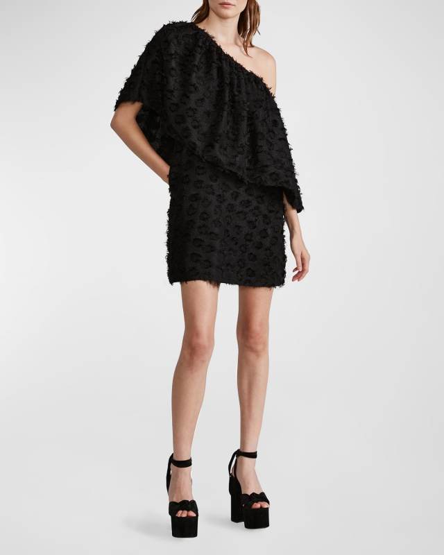 Draped One-Shoulder Fringe Mini Dress