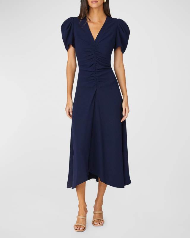Dali Ruched Puff-Sleeve Midi Dress