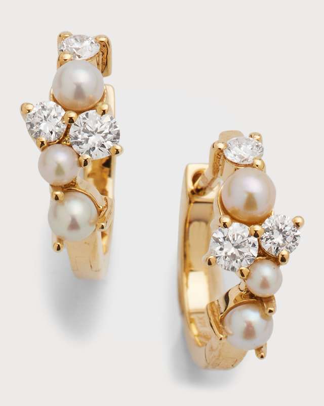 14k Yellow Gold Pearl and Diamond Cocktail Huggie Hoops